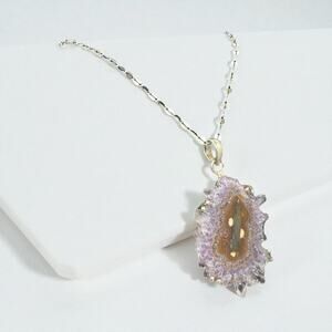 Natural Amethyst Geode Slice Pendant Necklace 925 Sterling Silver Handmade